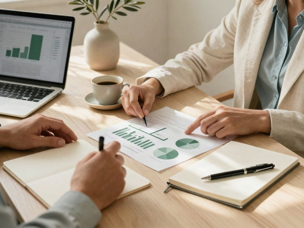 A collaborative review of performance charts and a business strategy report