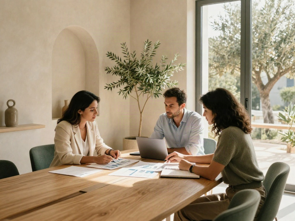 Professionals exploring business data and strategic opportunities in a sunlit meeting room
